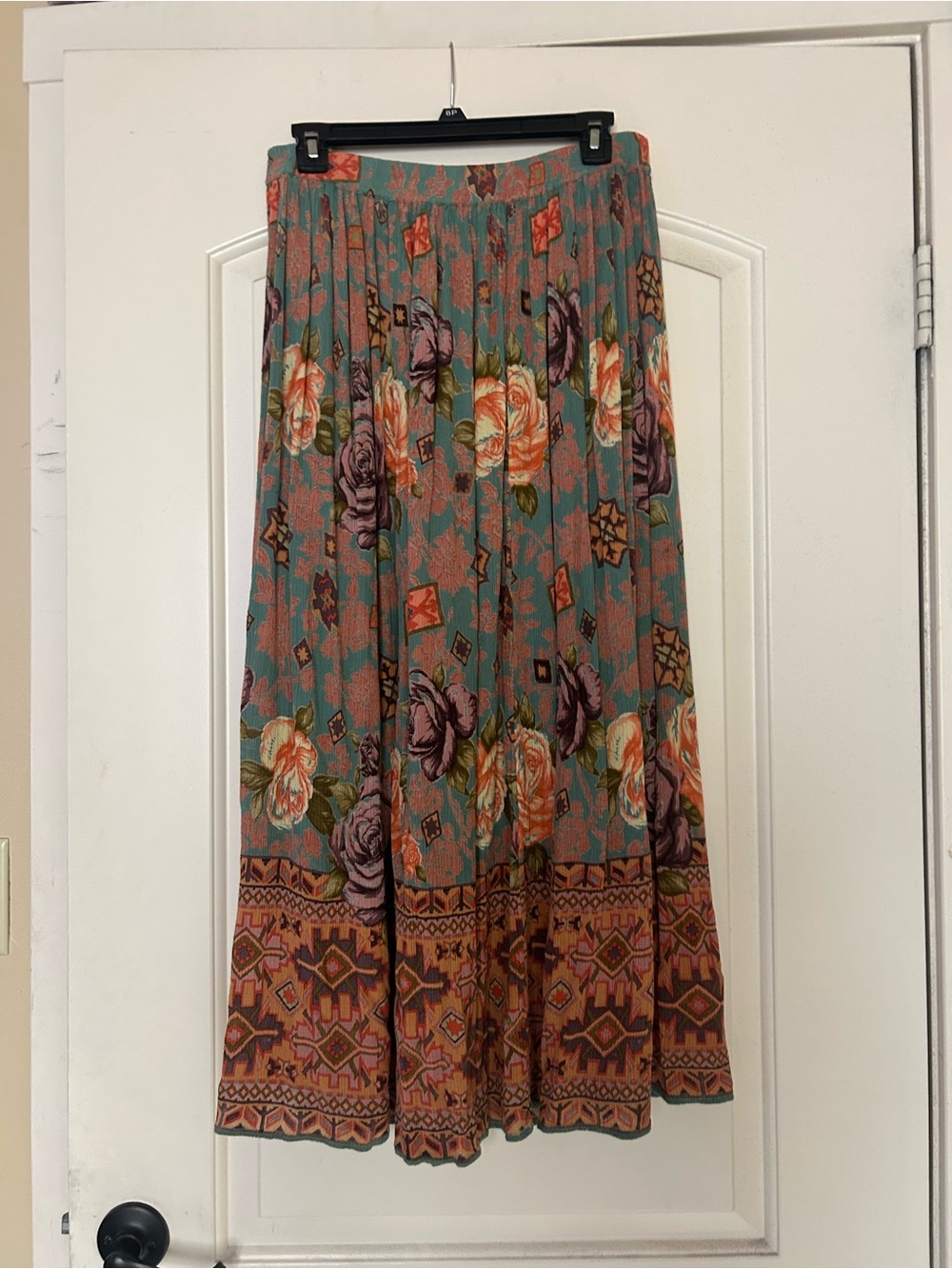 BILA Teal Maxi Skirt with Coral and Purple Floral Print